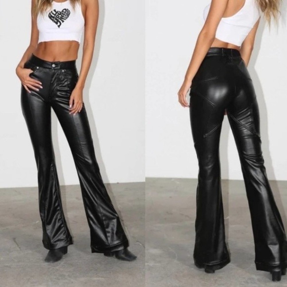 Revice Venus Flares Faux Vegan Leather Supernova High Rise Black Pants Size 25